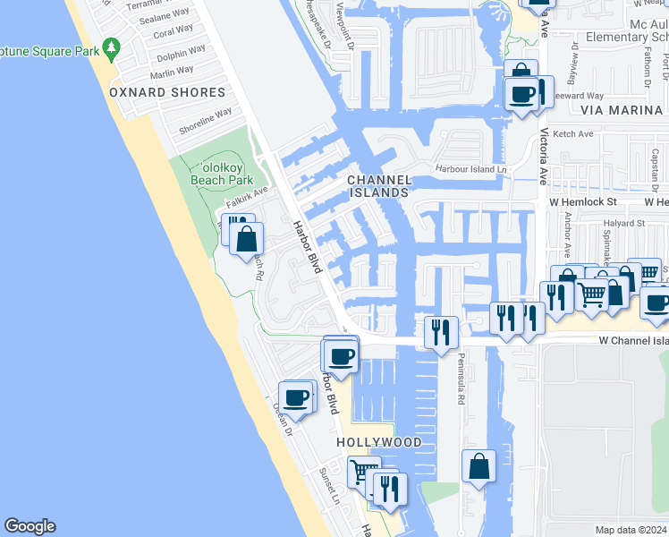 map of restaurants, bars, coffee shops, grocery stores, and more near 2240 Harbor Boulevard in Oxnard