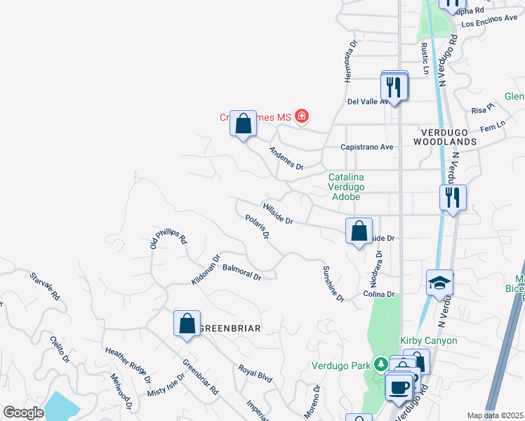 map of restaurants, bars, coffee shops, grocery stores, and more near 1400 Branta Drive in Glendale