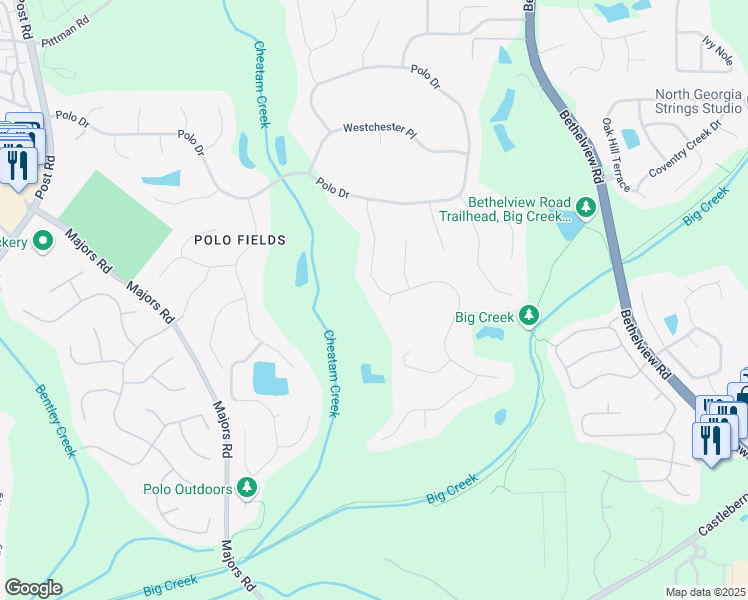 map of restaurants, bars, coffee shops, grocery stores, and more near 6420 Sunbriar Drive in Cumming
