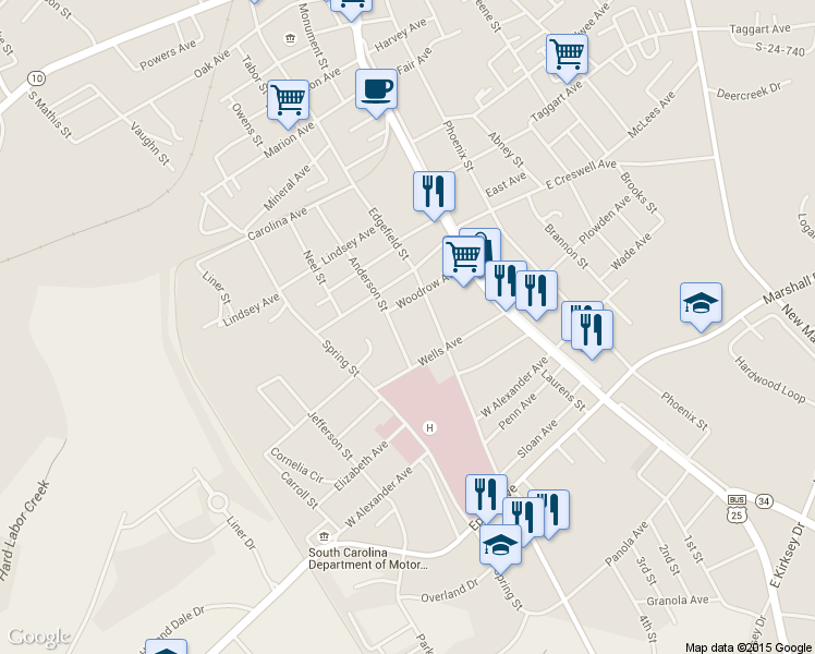 map of restaurants, bars, coffee shops, grocery stores, and more near 1109 Anderson Street in Greenwood