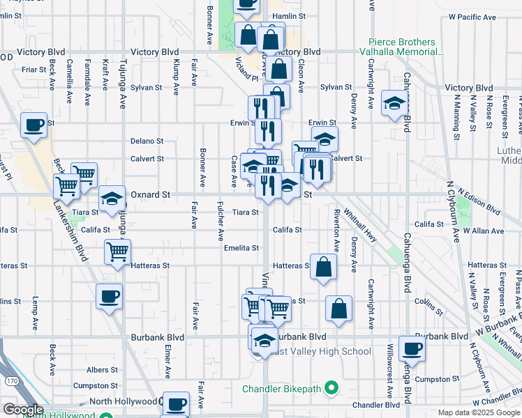 map of restaurants, bars, coffee shops, grocery stores, and more near 11020 Oxnard Street in Los Angeles