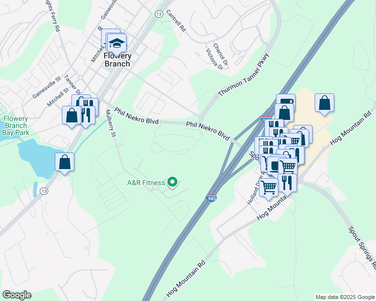 map of restaurants, bars, coffee shops, grocery stores, and more near 900 Crest Village Circle in Flowery Branch