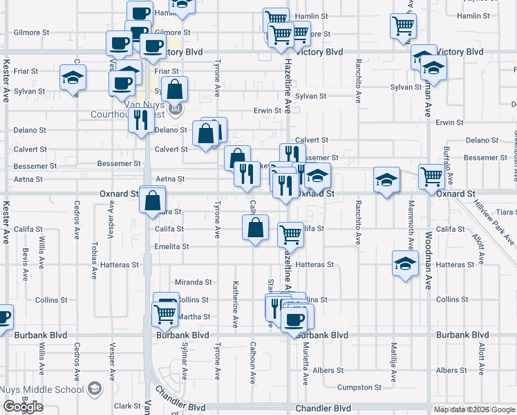 map of restaurants, bars, coffee shops, grocery stores, and more near 14153 Tiara Street in Los Angeles