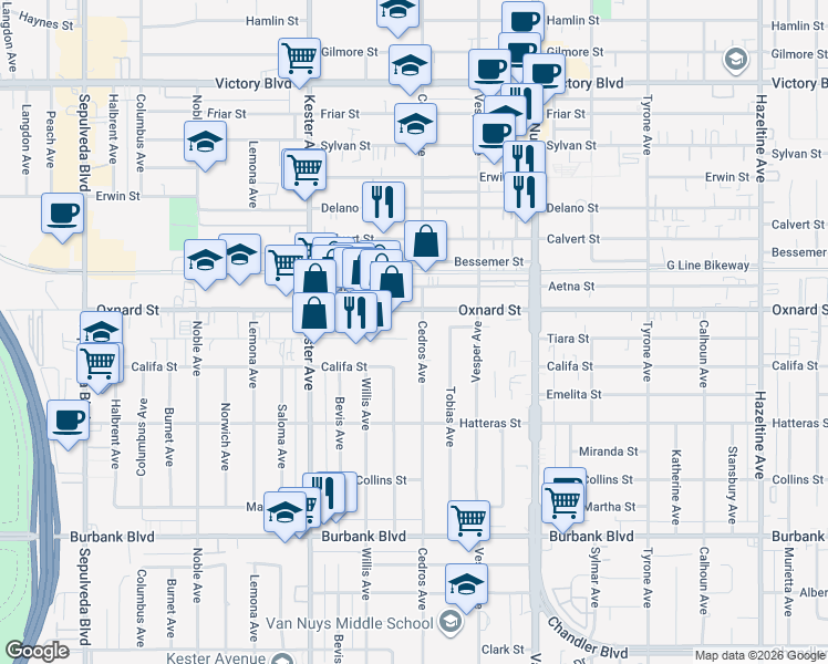 map of restaurants, bars, coffee shops, grocery stores, and more near 5939 Cedros Avenue in Los Angeles