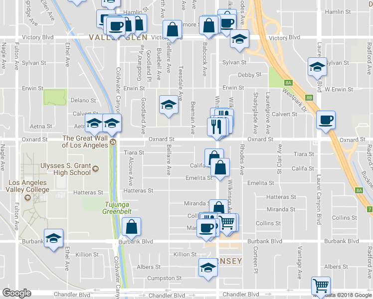 map of restaurants, bars, coffee shops, grocery stores, and more near 12619 Tiara Street in Los Angeles