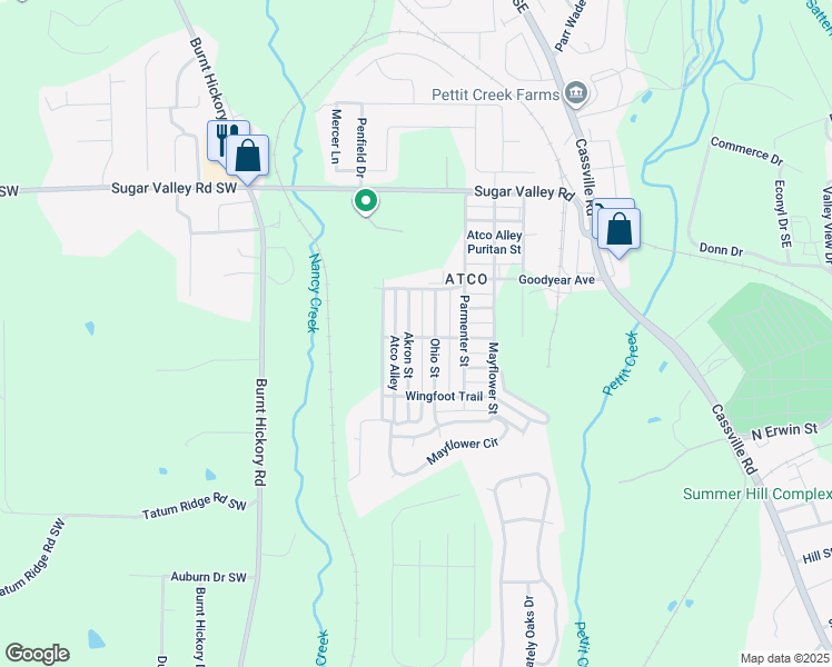 map of restaurants, bars, coffee shops, grocery stores, and more near 39 Akron Street in Cartersville