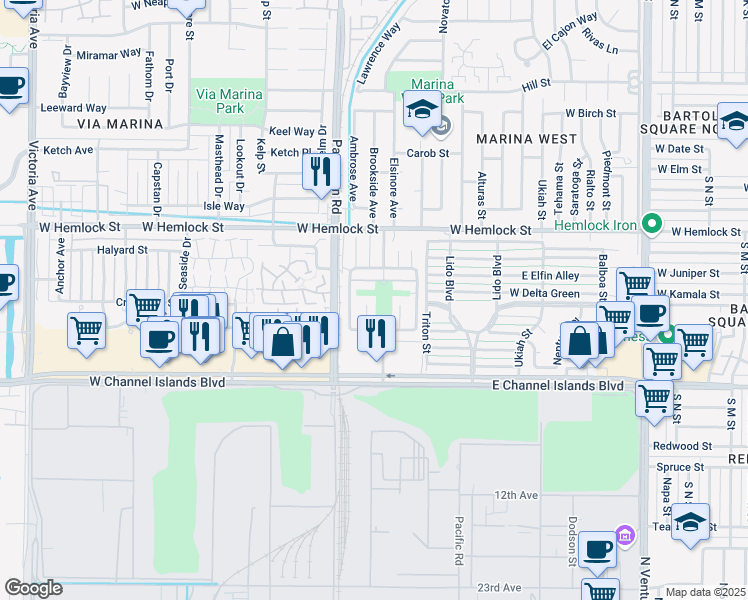 map of restaurants, bars, coffee shops, grocery stores, and more near 305 Sharon Lane in Port Hueneme