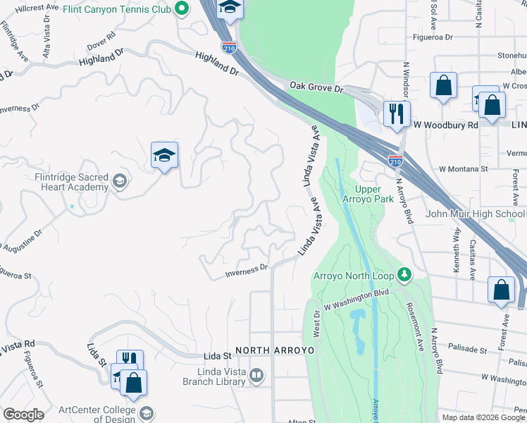 map of restaurants, bars, coffee shops, grocery stores, and more near 1897 Braemar Road in Pasadena