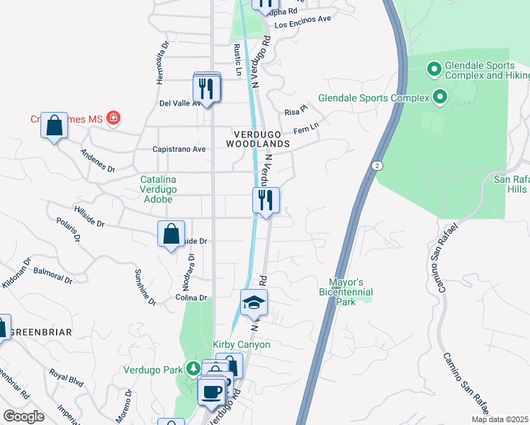 map of restaurants, bars, coffee shops, grocery stores, and more near 2108 North Verdugo Road in Glendale
