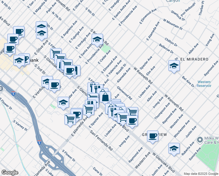map of restaurants, bars, coffee shops, grocery stores, and more near 526 East Valencia Avenue in Burbank