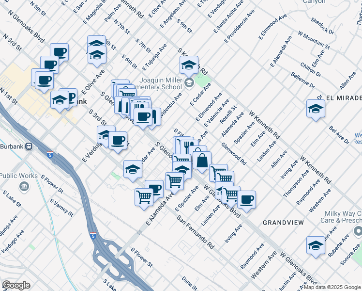 map of restaurants, bars, coffee shops, grocery stores, and more near 417 East Elmwood Avenue in Burbank