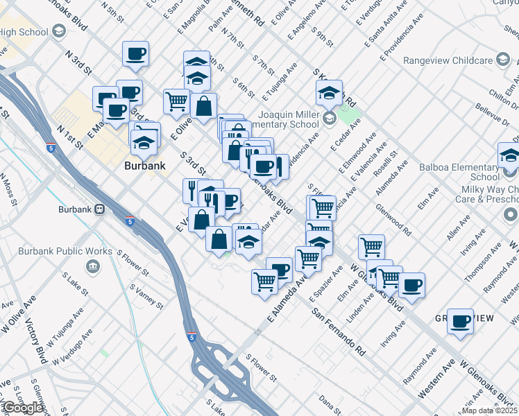 map of restaurants, bars, coffee shops, grocery stores, and more near 337 East Providencia Avenue in Burbank