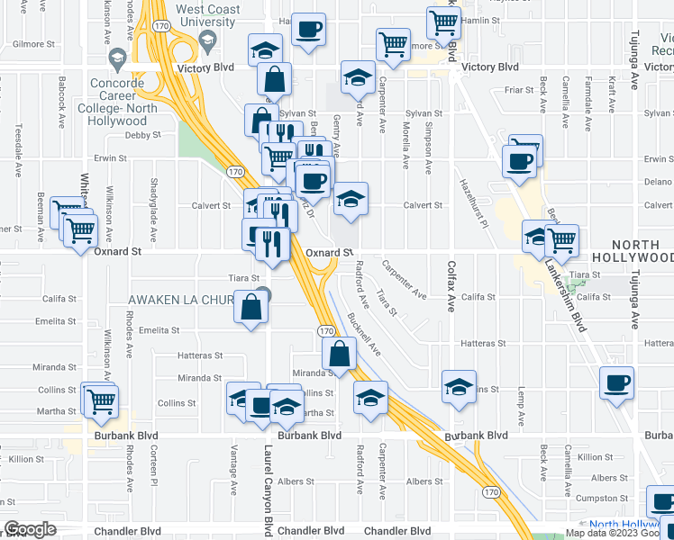 map of restaurants, bars, coffee shops, grocery stores, and more near 11931 Tiara Street in Los Angeles