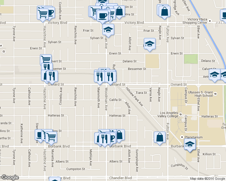 map of restaurants, bars, coffee shops, grocery stores, and more near 13674 Oxnard Street in Los Angeles