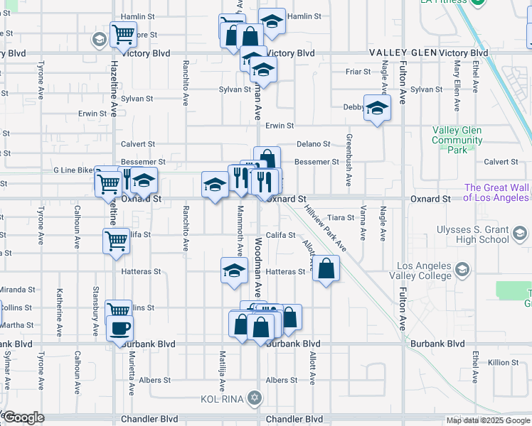 map of restaurants, bars, coffee shops, grocery stores, and more near 13674 Oxnard Street in Los Angeles