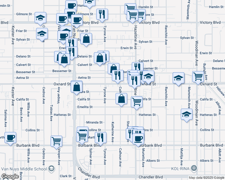 map of restaurants, bars, coffee shops, grocery stores, and more near 14222 Oxnard Street in Los Angeles
