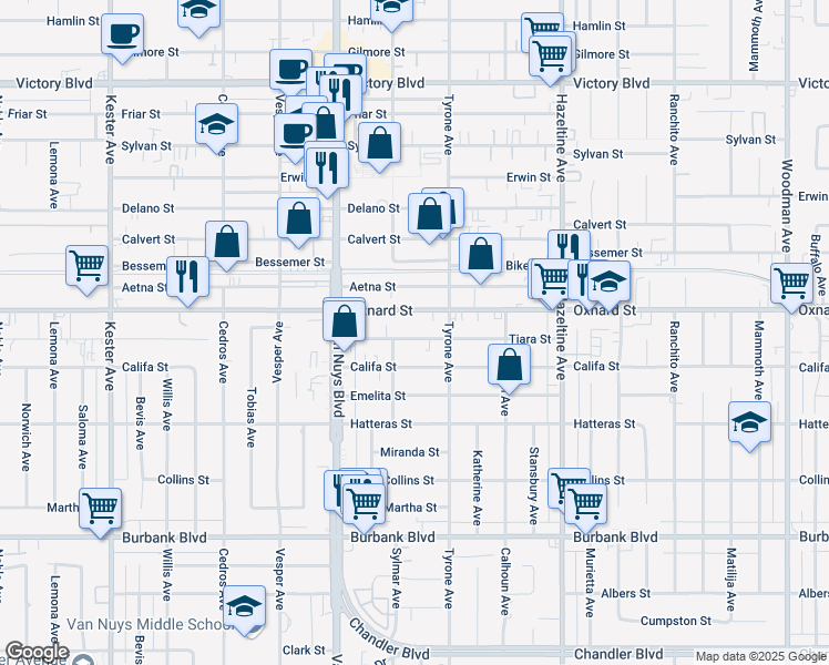 map of restaurants, bars, coffee shops, grocery stores, and more near 14346 Oxnard Street in Los Angeles