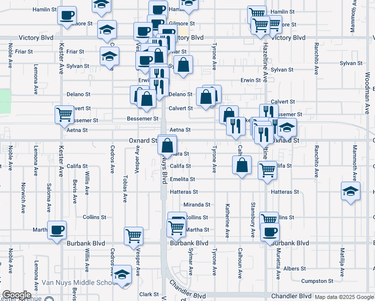 map of restaurants, bars, coffee shops, grocery stores, and more near 14346 Oxnard Street in Los Angeles