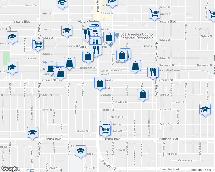 map of restaurants, bars, coffee shops, grocery stores, and more near 14420 Oxnard Street in Los Angeles