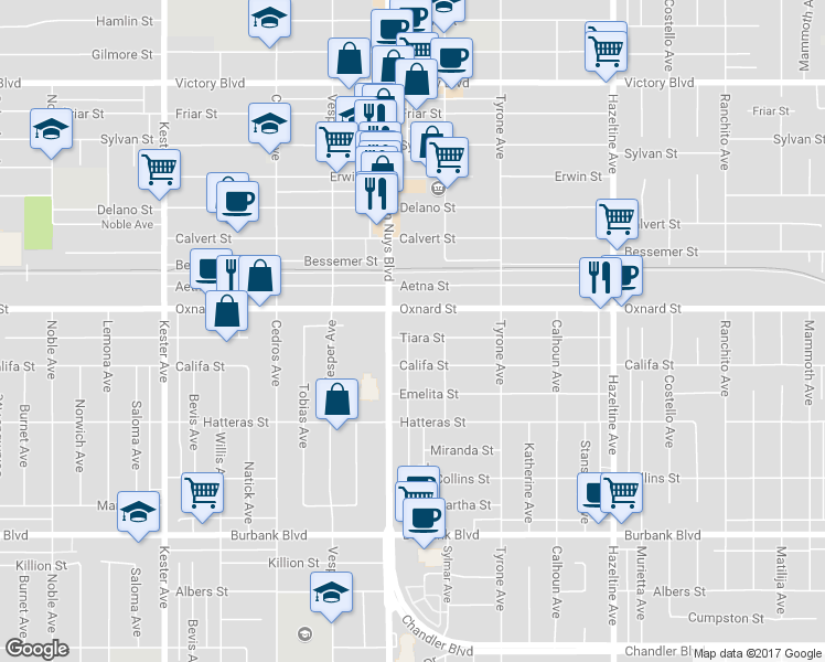 map of restaurants, bars, coffee shops, grocery stores, and more near 14420 Oxnard Street in Los Angeles