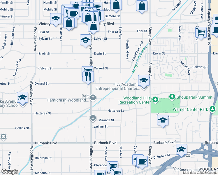 map of restaurants, bars, coffee shops, grocery stores, and more near 22636 West Oxnard Street in Los Angeles