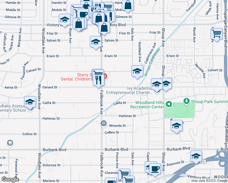 map of restaurants, bars, coffee shops, grocery stores, and more near 22718 West Oxnard Street in Los Angeles