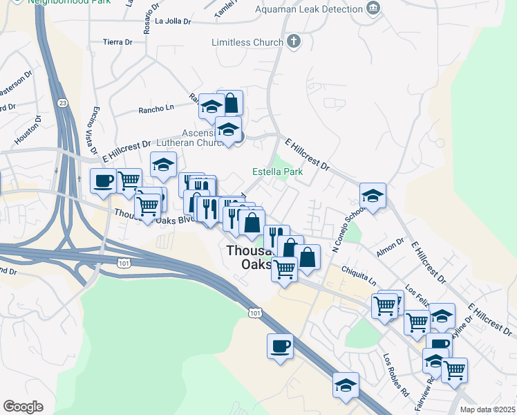 map of restaurants, bars, coffee shops, grocery stores, and more near 220 Erbes Road in Thousand Oaks