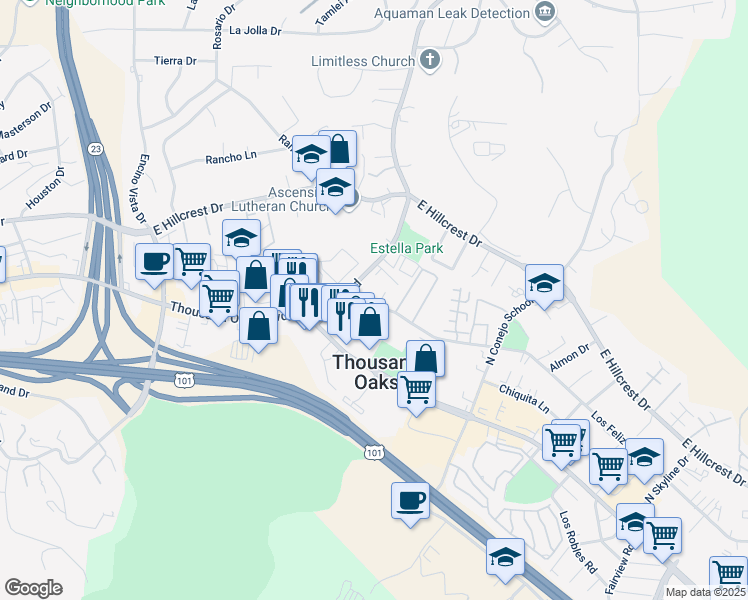 map of restaurants, bars, coffee shops, grocery stores, and more near 130 Erbes Road in Thousand Oaks