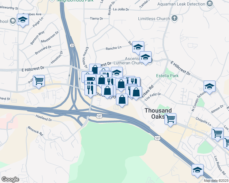 map of restaurants, bars, coffee shops, grocery stores, and more near 1423 Thousand Oaks Boulevard in Thousand Oaks