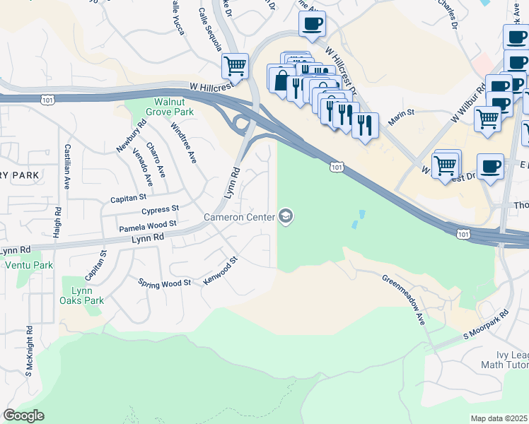 map of restaurants, bars, coffee shops, grocery stores, and more near 607 Westchester Lane in Thousand Oaks