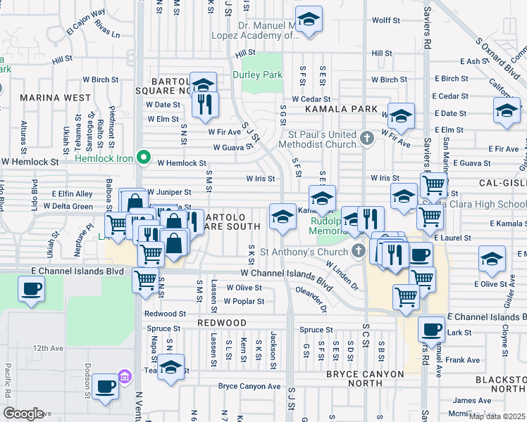 map of restaurants, bars, coffee shops, grocery stores, and more near 823 West Kamala Street in Oxnard