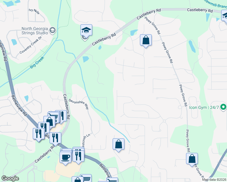 map of restaurants, bars, coffee shops, grocery stores, and more near 6145 Overleaf Terrace in Cumming