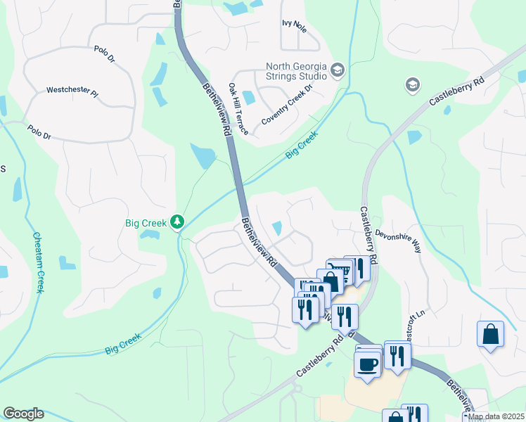map of restaurants, bars, coffee shops, grocery stores, and more near 5480 Sandstone Court in Cumming
