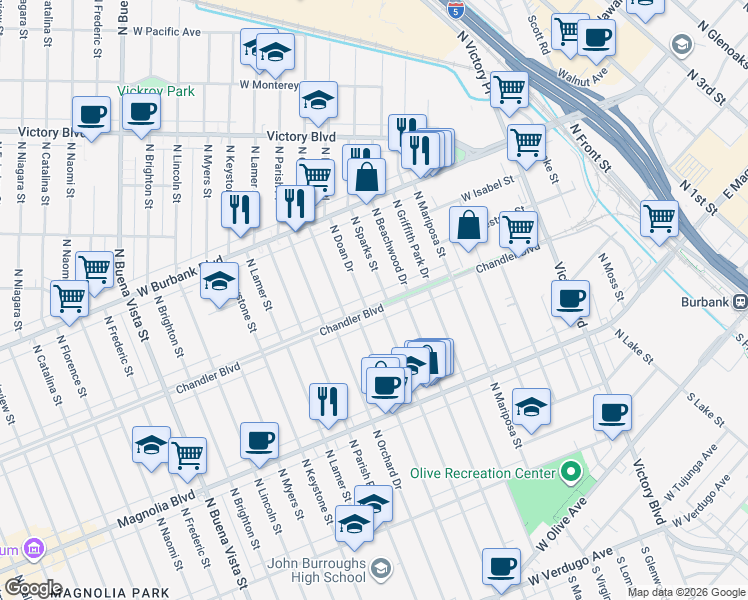 map of restaurants, bars, coffee shops, grocery stores, and more near 1625 West Chandler Boulevard in Burbank