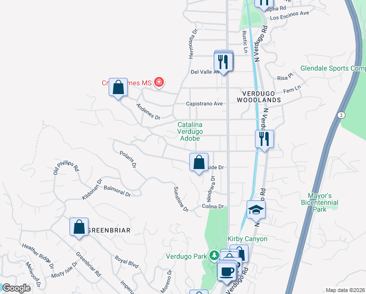 map of restaurants, bars, coffee shops, grocery stores, and more near 1531 Wabasso Way in Glendale