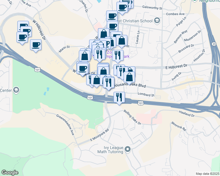 map of restaurants, bars, coffee shops, grocery stores, and more near 2 East Thousand Oaks Boulevard in Thousand Oaks