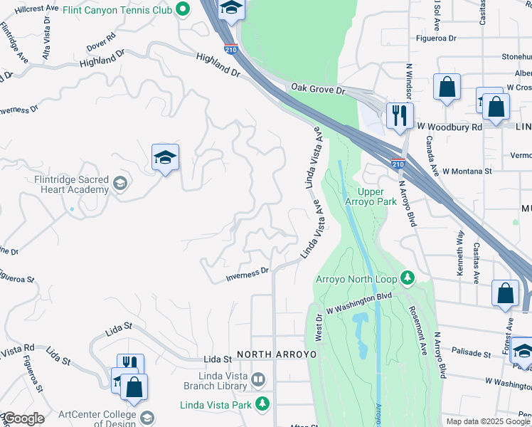map of restaurants, bars, coffee shops, grocery stores, and more near 1897 Braemar Road in Pasadena