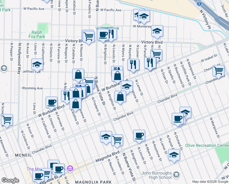 map of restaurants, bars, coffee shops, grocery stores, and more near 1033 North Lincoln Street in Burbank