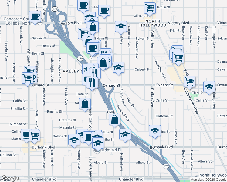 map of restaurants, bars, coffee shops, grocery stores, and more near 11931 Tiara Street in Los Angeles