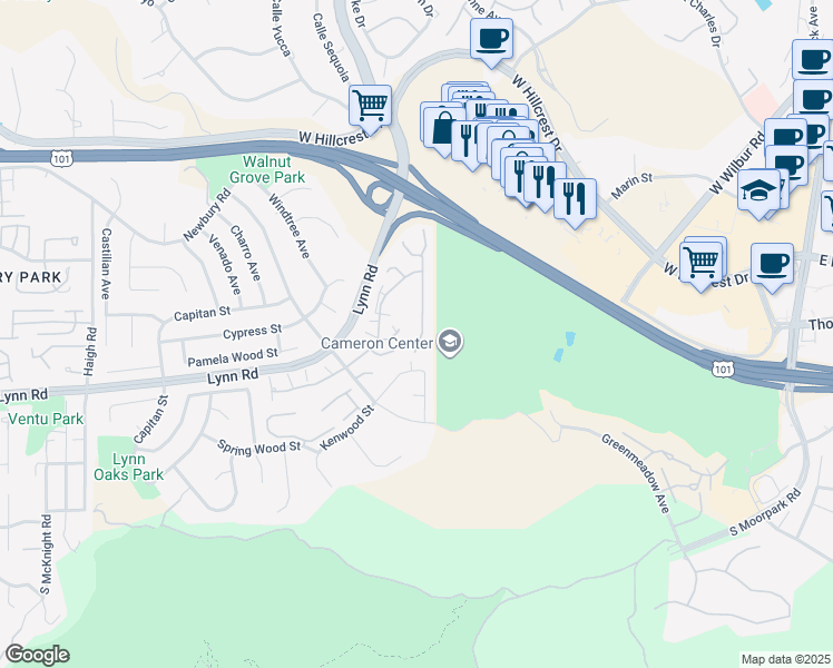 map of restaurants, bars, coffee shops, grocery stores, and more near 607 Westchester Lane in Thousand Oaks