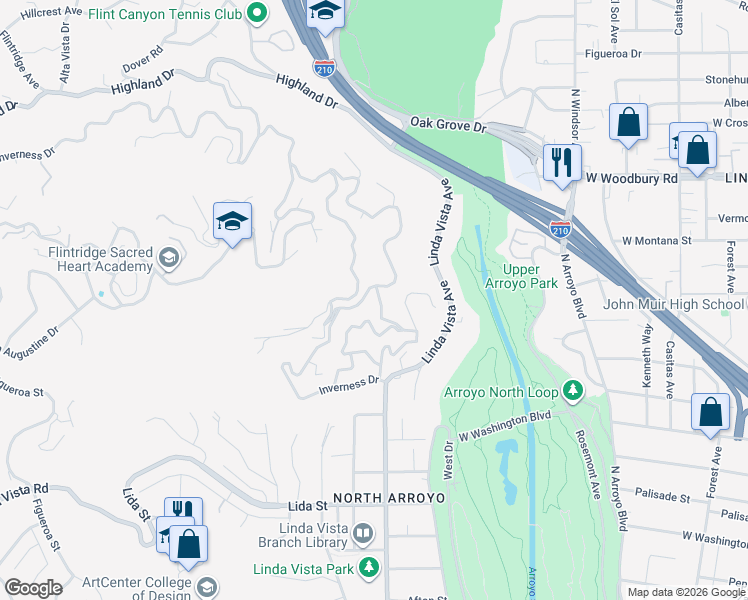 map of restaurants, bars, coffee shops, grocery stores, and more near 1897 Braemar Road in Pasadena