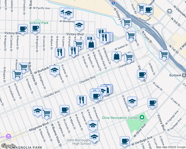 map of restaurants, bars, coffee shops, grocery stores, and more near 1625 West Chandler Boulevard in Burbank