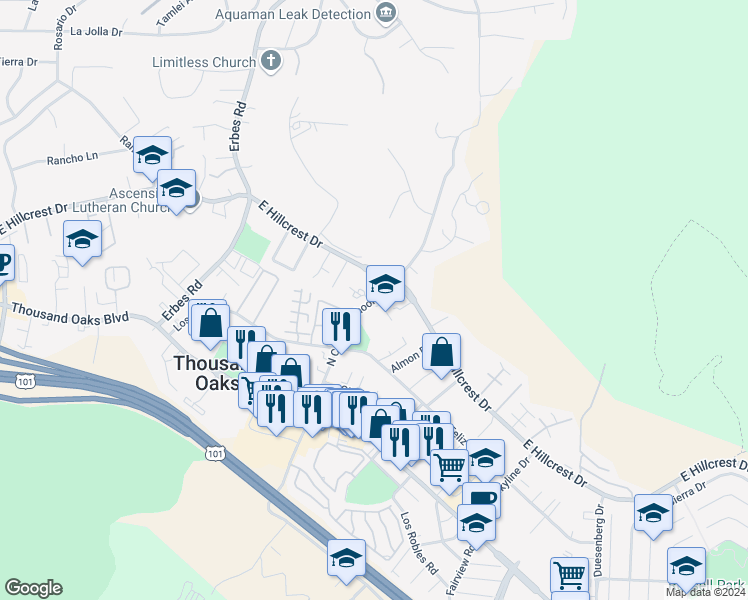 map of restaurants, bars, coffee shops, grocery stores, and more near 280 North Conejo School Road in Thousand Oaks