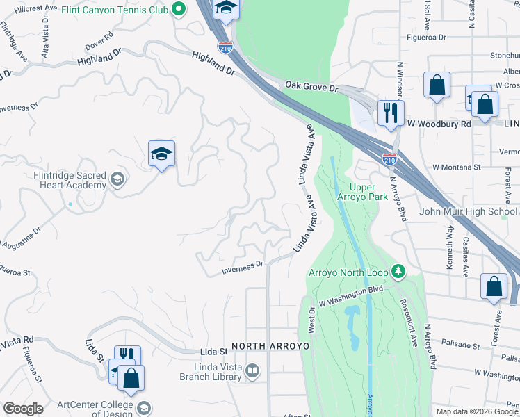 map of restaurants, bars, coffee shops, grocery stores, and more near 1897 Braemar Road in Pasadena