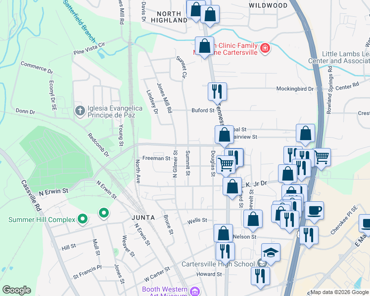 map of restaurants, bars, coffee shops, grocery stores, and more near 204 West Porter Street in Cartersville