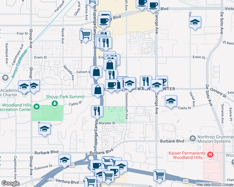 map of restaurants, bars, coffee shops, grocery stores, and more near 21850 West Oxnard Street in Los Angeles