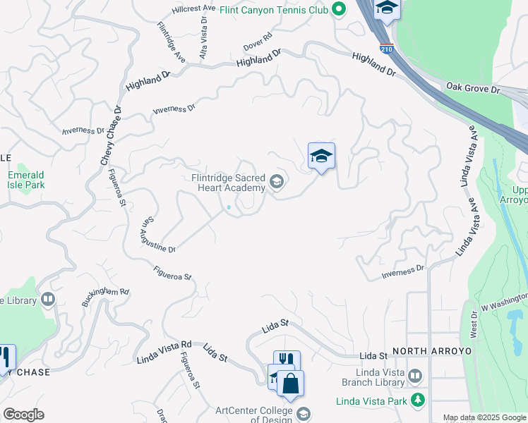 map of restaurants, bars, coffee shops, grocery stores, and more near 630 Wendover Road in La Cañada Flintridge