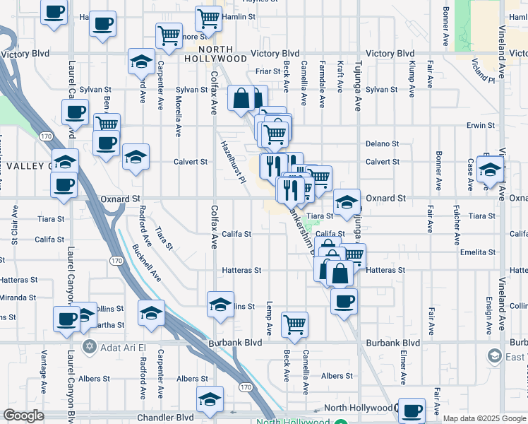 map of restaurants, bars, coffee shops, grocery stores, and more near 11600 Oxnard Street in Los Angeles