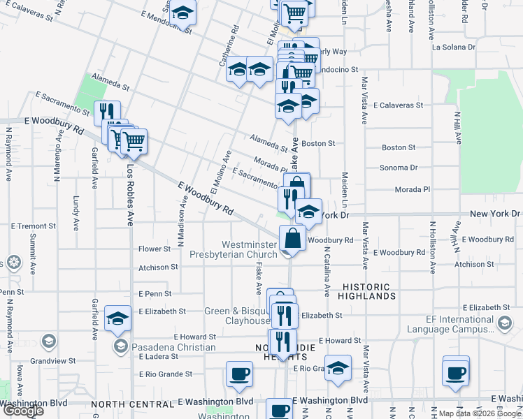 map of restaurants, bars, coffee shops, grocery stores, and more near 820 New York Drive in Altadena