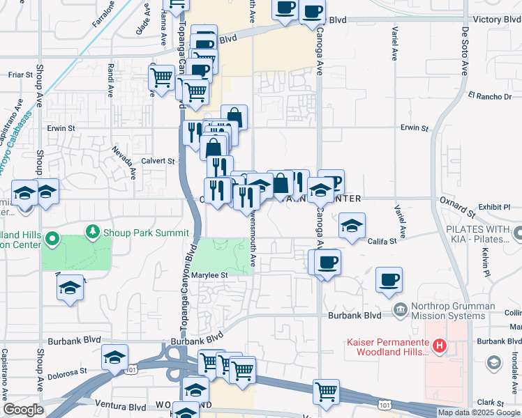 map of restaurants, bars, coffee shops, grocery stores, and more near 21650 Oxnard Street in Los Angeles